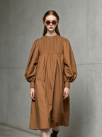 Brown Woven Crew-Neck Long-Sleeve Midi Dress