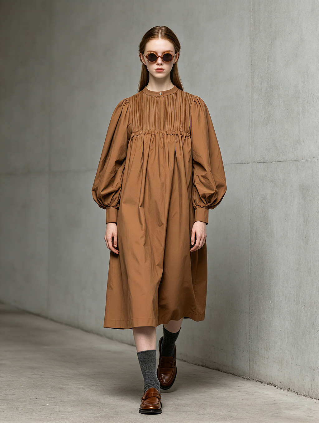 Brown Woven Crew-Neck Long-Sleeve Midi Dress