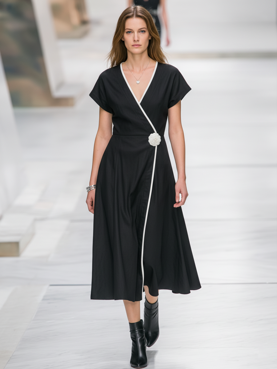 Black & White Color-Block A-Line Midi Dress