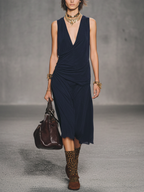 Women's Simple Navy Blue Chiffon V-Neck Pleated Sleeveless Midi Dress MDZ1510D9GMJ