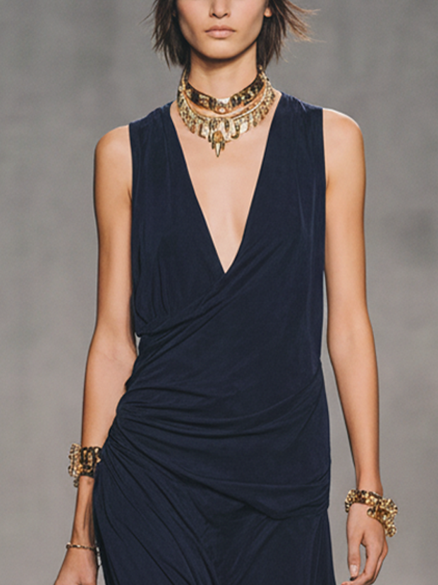 Women's Simple Navy Blue Chiffon V-Neck Pleated Sleeveless Midi Dress MDZ1510D9GMJ