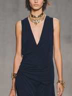 Women's Simple Navy Blue Chiffon V-Neck Pleated Sleeveless Midi Dress MDZ1510D9GMJ