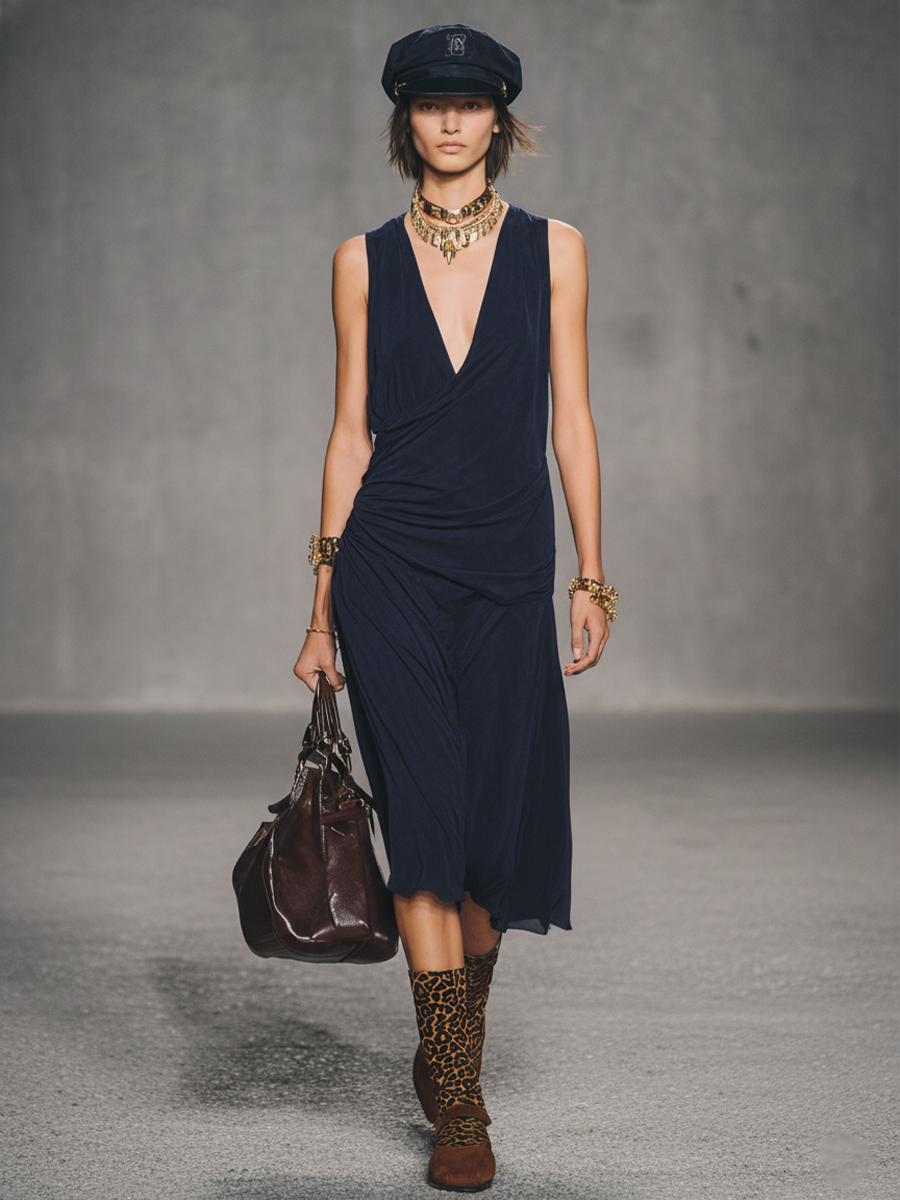 Women's Simple Navy Blue Chiffon V-Neck Pleated Sleeveless Midi Dress MDZ1510D9GMJ