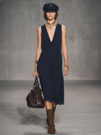 Women's Simple Navy Blue Chiffon V-Neck Pleated Sleeveless Midi Dress MDZ1510D9GMJ