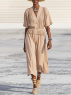 Beige Linen Pleated Short-Sleeve Midi Dress
