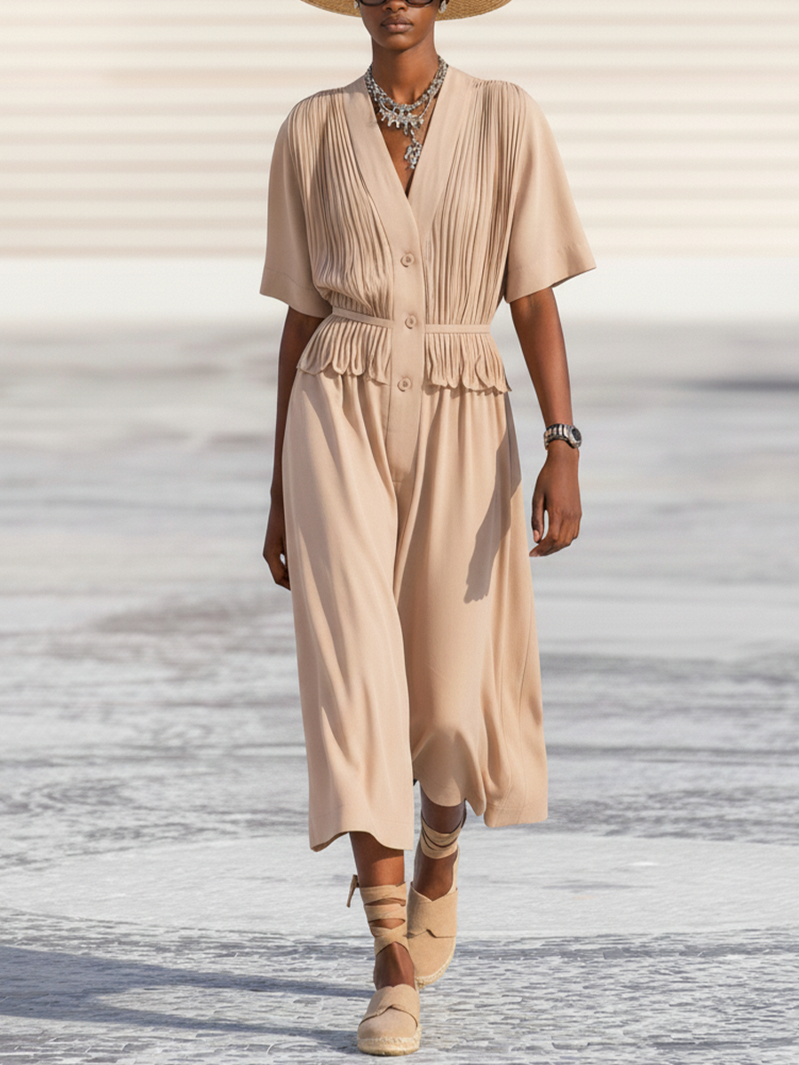 Beige Linen Pleated Short-Sleeve Midi Dress