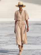 Beige Linen Pleated Short-Sleeve Midi Dress