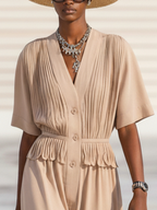 Beige Linen Pleated Short-Sleeve Midi Dress