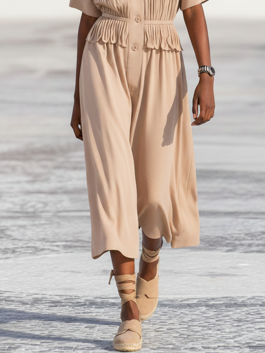 Beige Linen Pleated Short-Sleeve Midi Dress