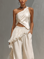 Ivory Satin One-Shoulder Asymmetrical Hem Crop Top