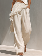 Beige Linen Lace-Trim High-Waisted Wide-Leg Trousers