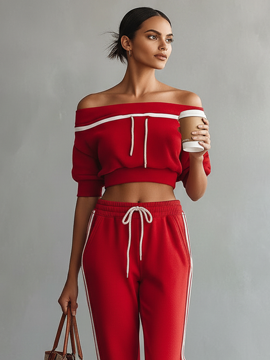 Off-Shoulder Short-Sleeve Sweatshirt & Straight Pants Set