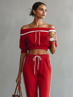Off-Shoulder Short-Sleeve Sweatshirt & Straight Pants Set