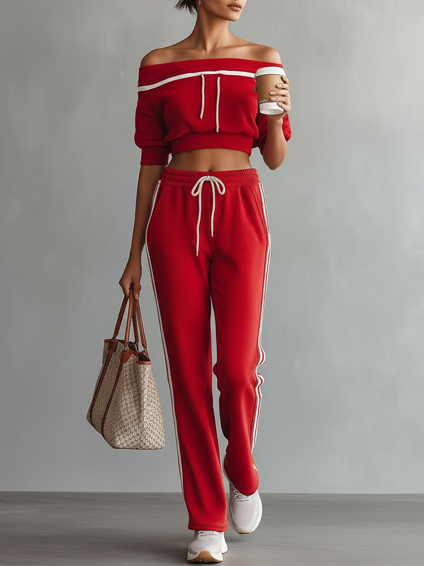 Off-Shoulder Short-Sleeve Sweatshirt & Straight Pants Set
