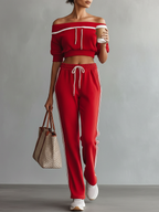 Off-Shoulder Short-Sleeve Sweatshirt & Straight Pants Set