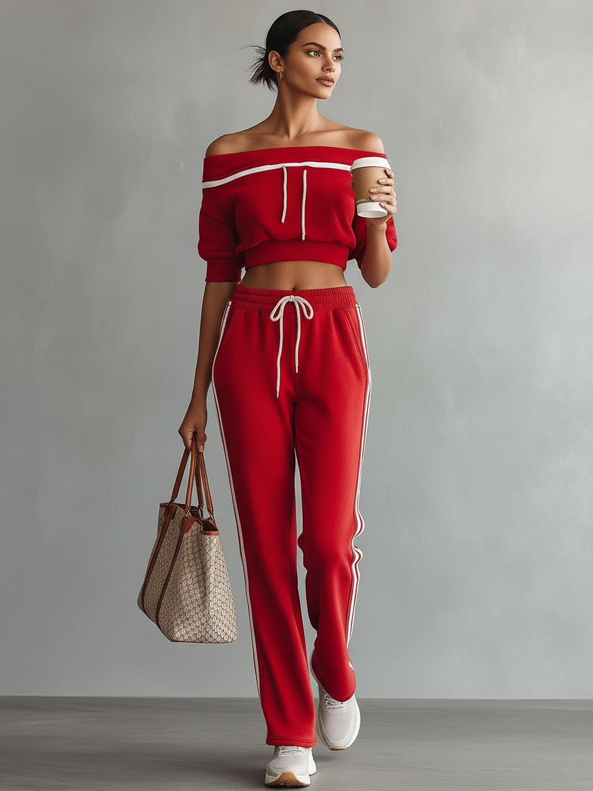 Off-Shoulder Short-Sleeve Sweatshirt & Straight Pants Set