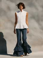 Stand-Collar Sleeveless Single-Breasted Ruffled Hem Shirt