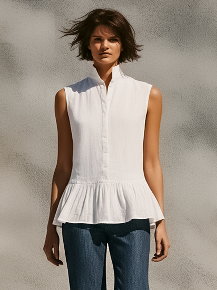 Stand-Collar Sleeveless Single-Breasted Ruffled Hem Shirt