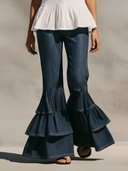 Navy Flared Jeans With Layered Ruffle Hem