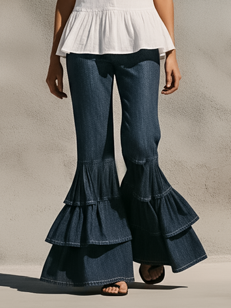 Navy Flared Jeans With Layered Ruffle Hem