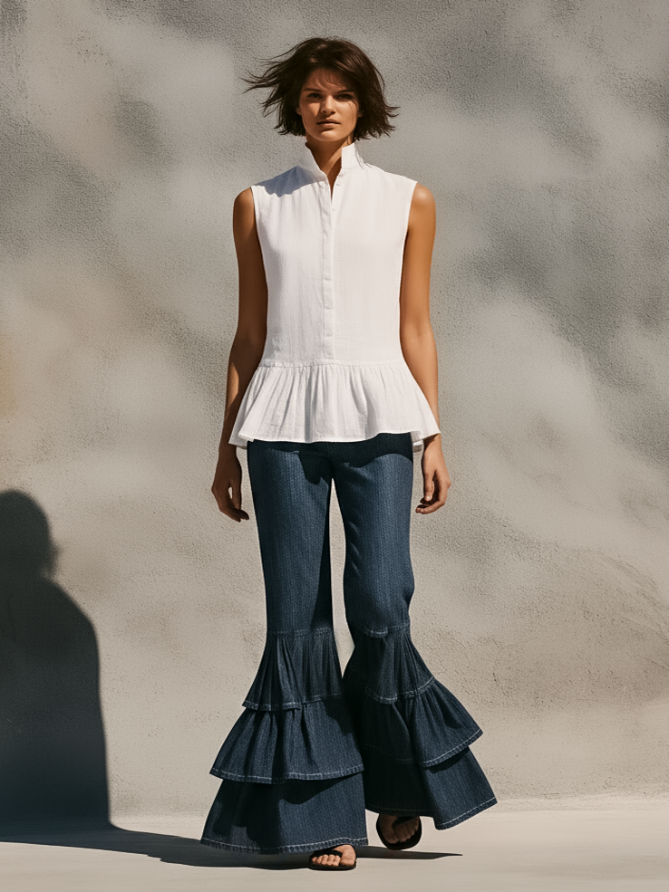 Navy Flared Jeans With Layered Ruffle Hem