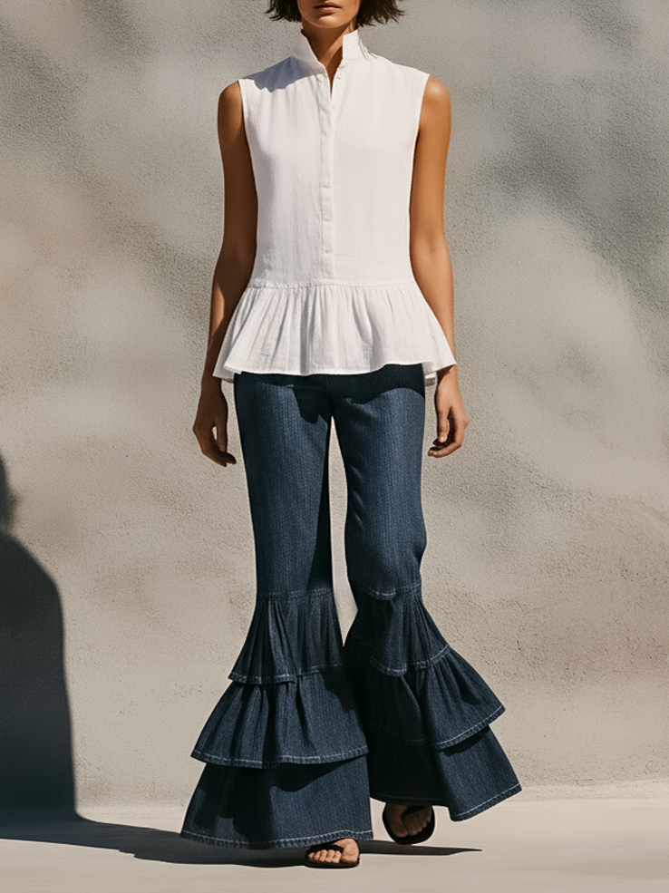 Navy Flared Jeans With Layered Ruffle Hem