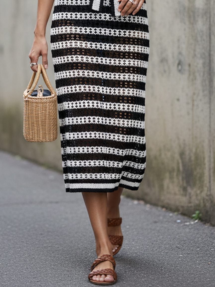 Black & White Tie-Strap Striped Knit Midi Dress