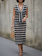 Black & White Tie-Strap Striped Knit Midi Dress