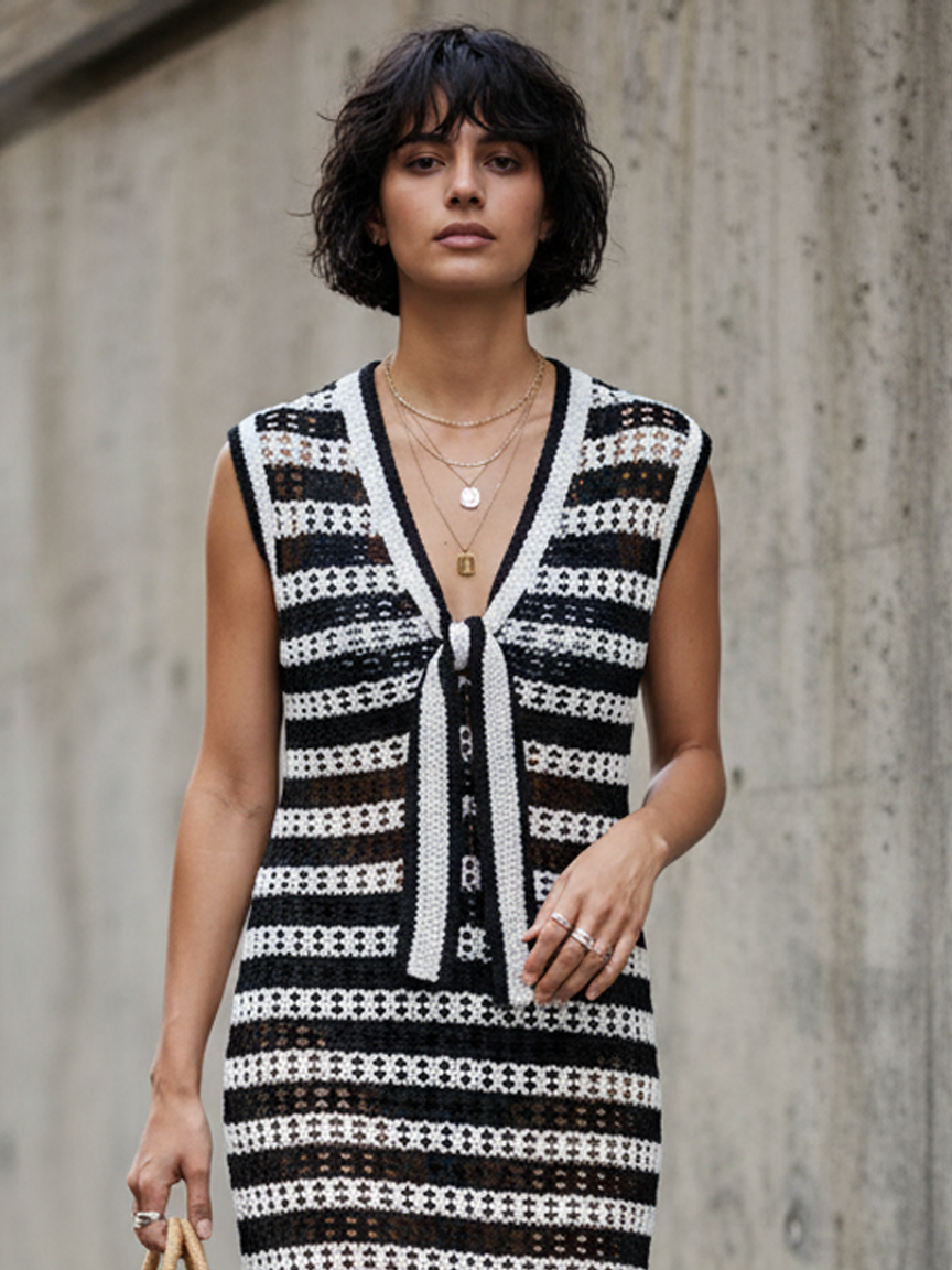 Black & White Tie-Strap Striped Knit Midi Dress