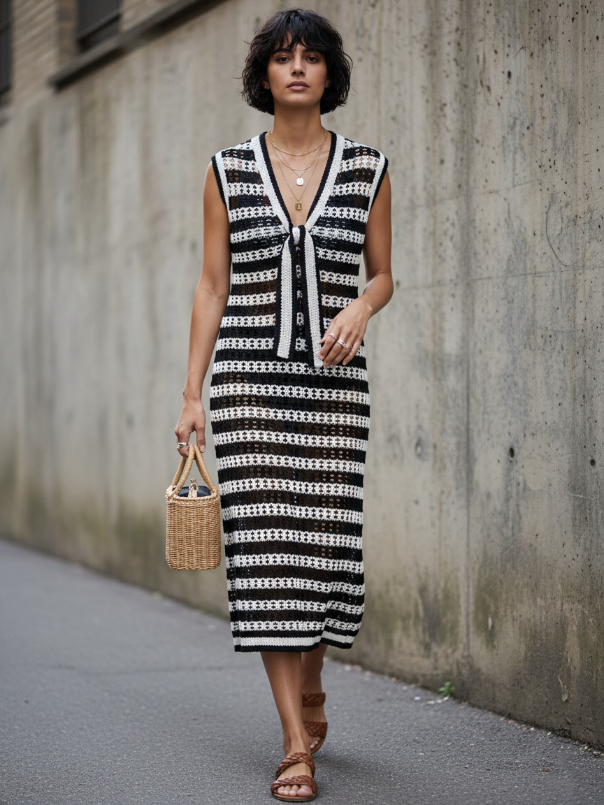Black & White Tie-Strap Striped Knit Midi Dress