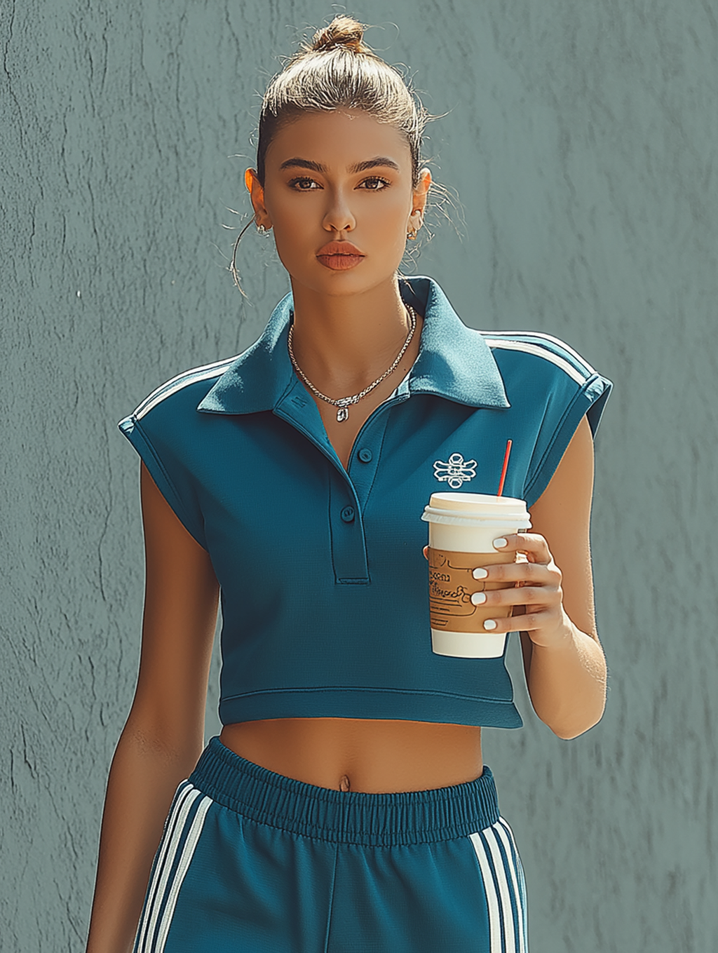 Sleeveless Collared Cropped Sweatshirt & Flared Pants Set