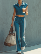 Sleeveless Collared Cropped Sweatshirt & Flared Pants Set