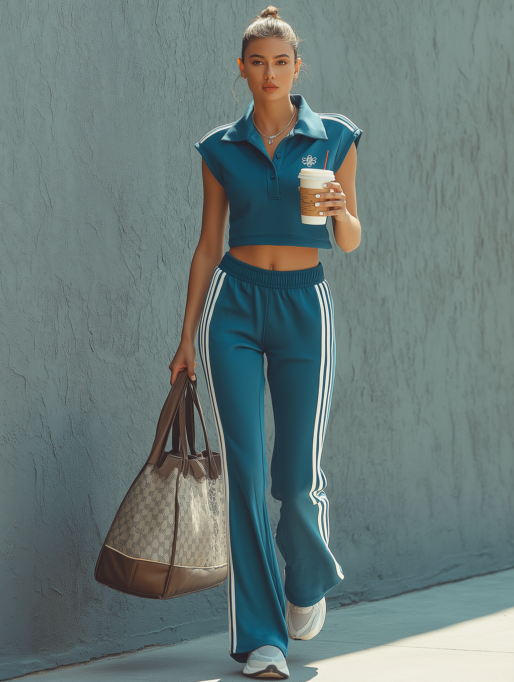 Sleeveless Collared Cropped Sweatshirt & Flared Pants Set