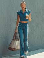 Sleeveless Collared Cropped Sweatshirt & Flared Pants Set