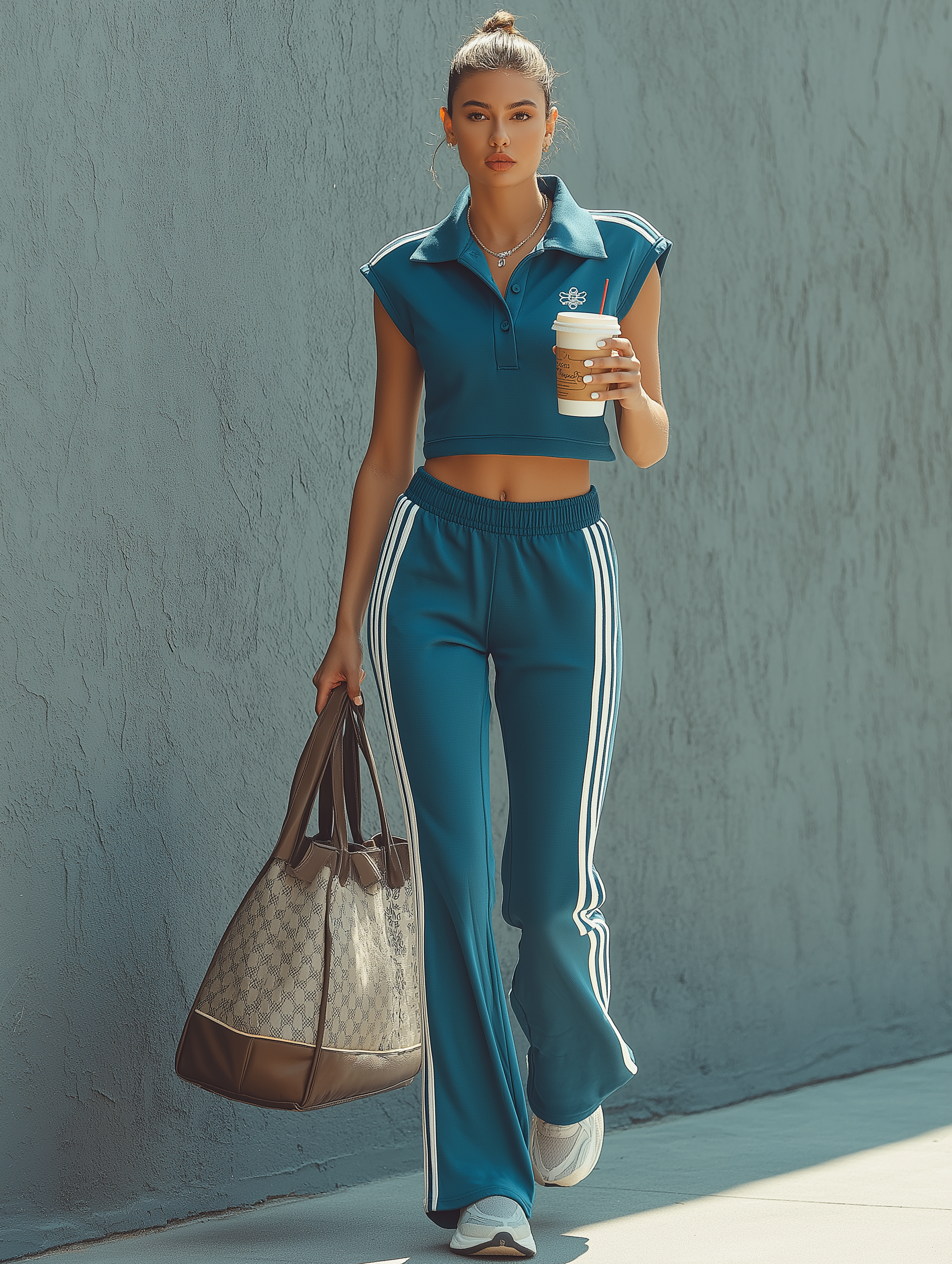 Sleeveless Collared Cropped Sweatshirt & Flared Pants Set