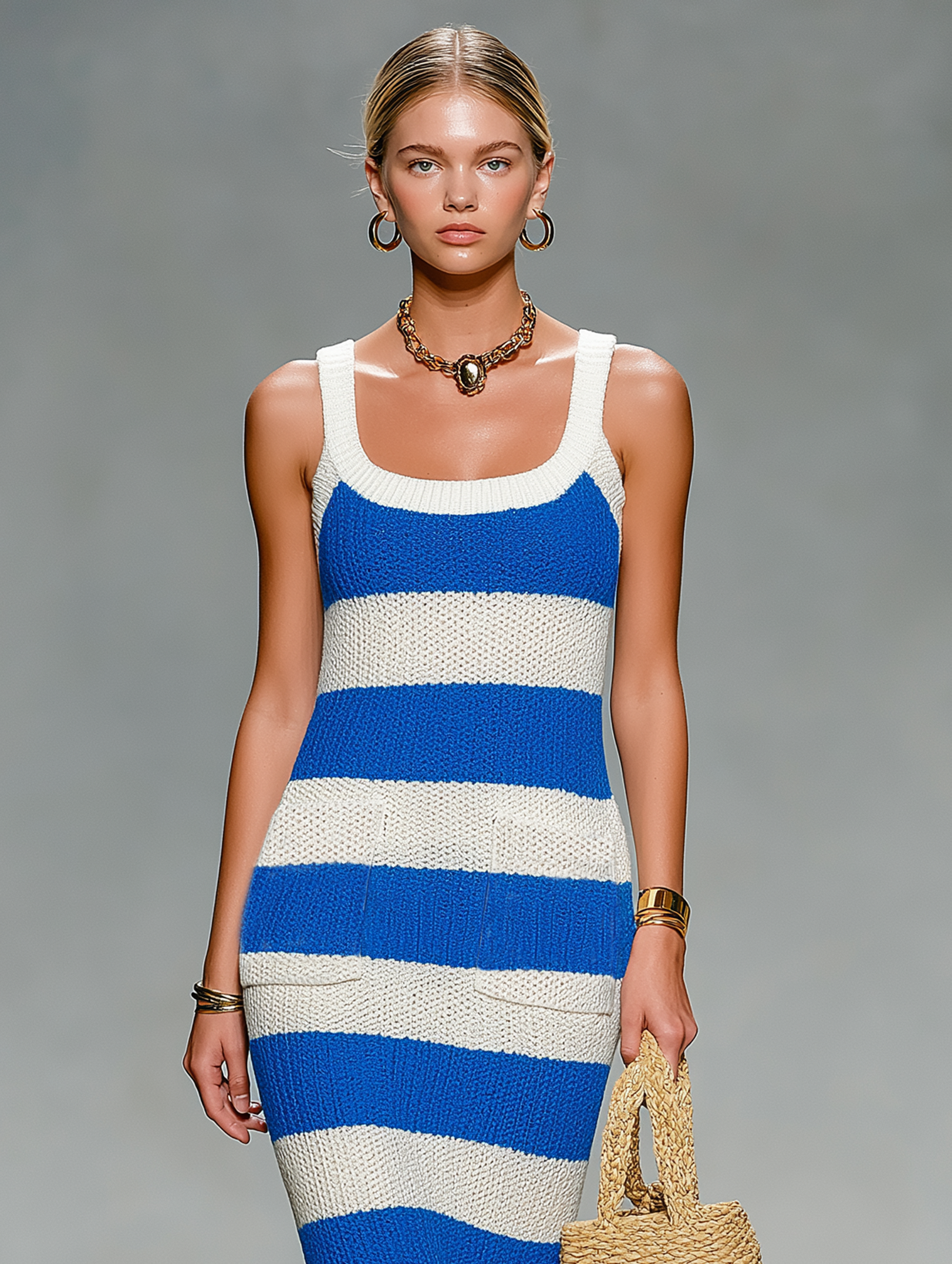 Striped Knit Wide-Strap Midi Dress