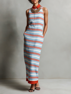 Women's Minimalist Striped Button-Front Collared Sleeveless Straight Maxi Dress MDZ1604D8Y