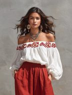 Red Floral Embroidered Off-Shoulder Shirt