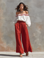 Red Floral Embroidered Off-Shoulder Shirt