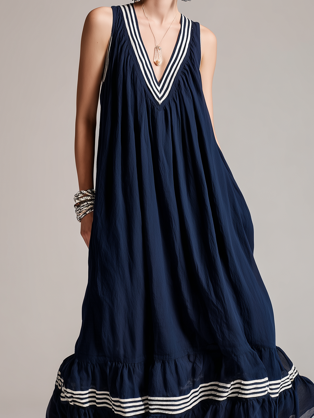 Women's Casual Navy Blue Cotton-Linen V-Neck Sleeveless Maxi Dress MDZ1681D7LXY
