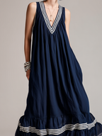 Women's Casual Navy Blue Cotton-Linen V-Neck Sleeveless Maxi Dress MDZ1681D7LXY