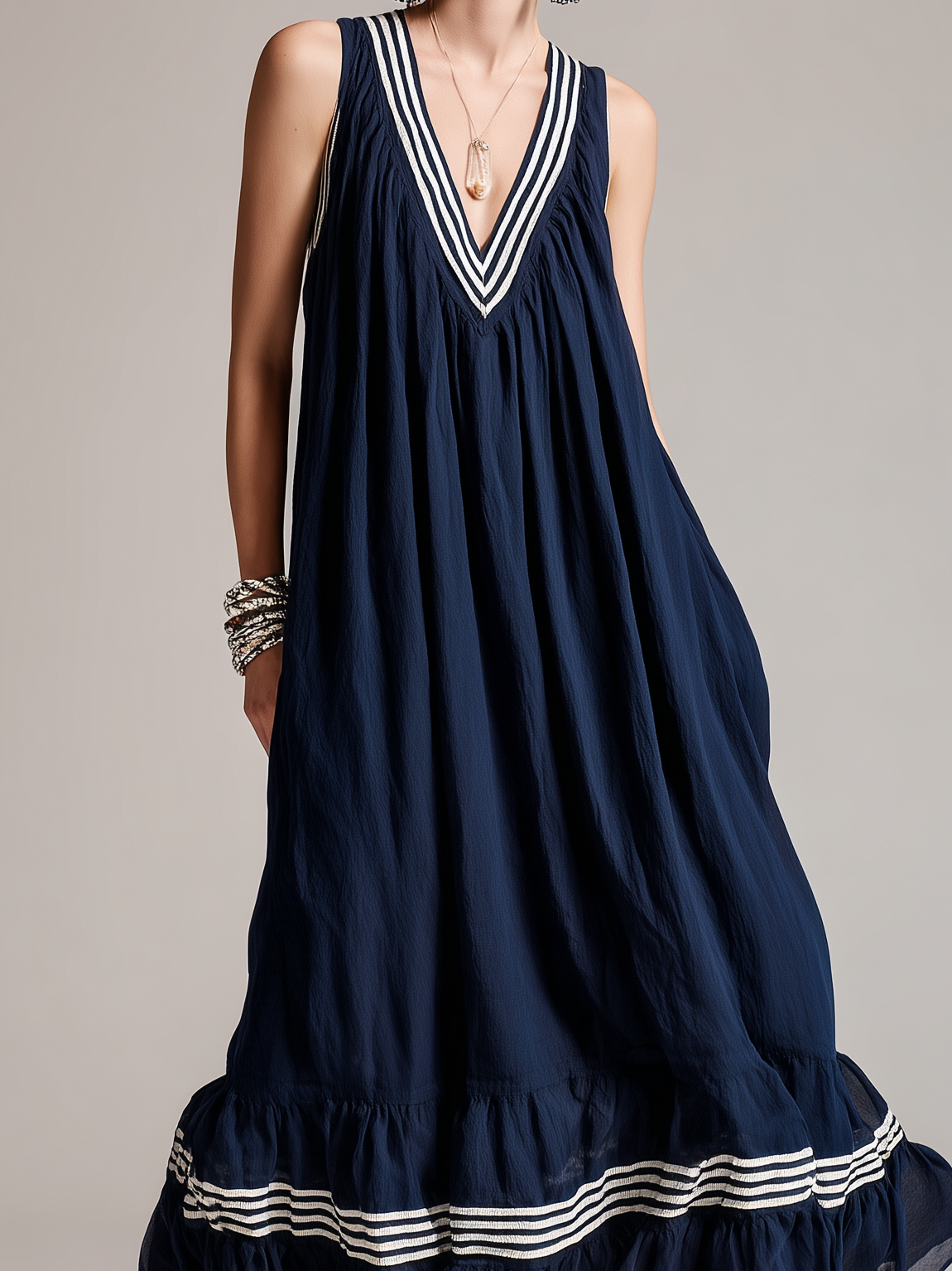 Women's Casual Navy Blue Cotton-Linen V-Neck Sleeveless Maxi Dress MDZ1681D7LXY