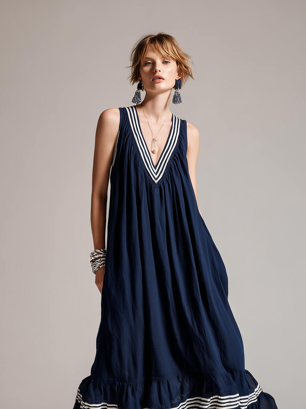 Women's Casual Navy Blue Cotton-Linen V-Neck Sleeveless Maxi Dress MDZ1681D7LXY