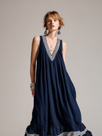 Women's Casual Navy Blue Cotton-Linen V-Neck Sleeveless Maxi Dress MDZ1681D7LXY
