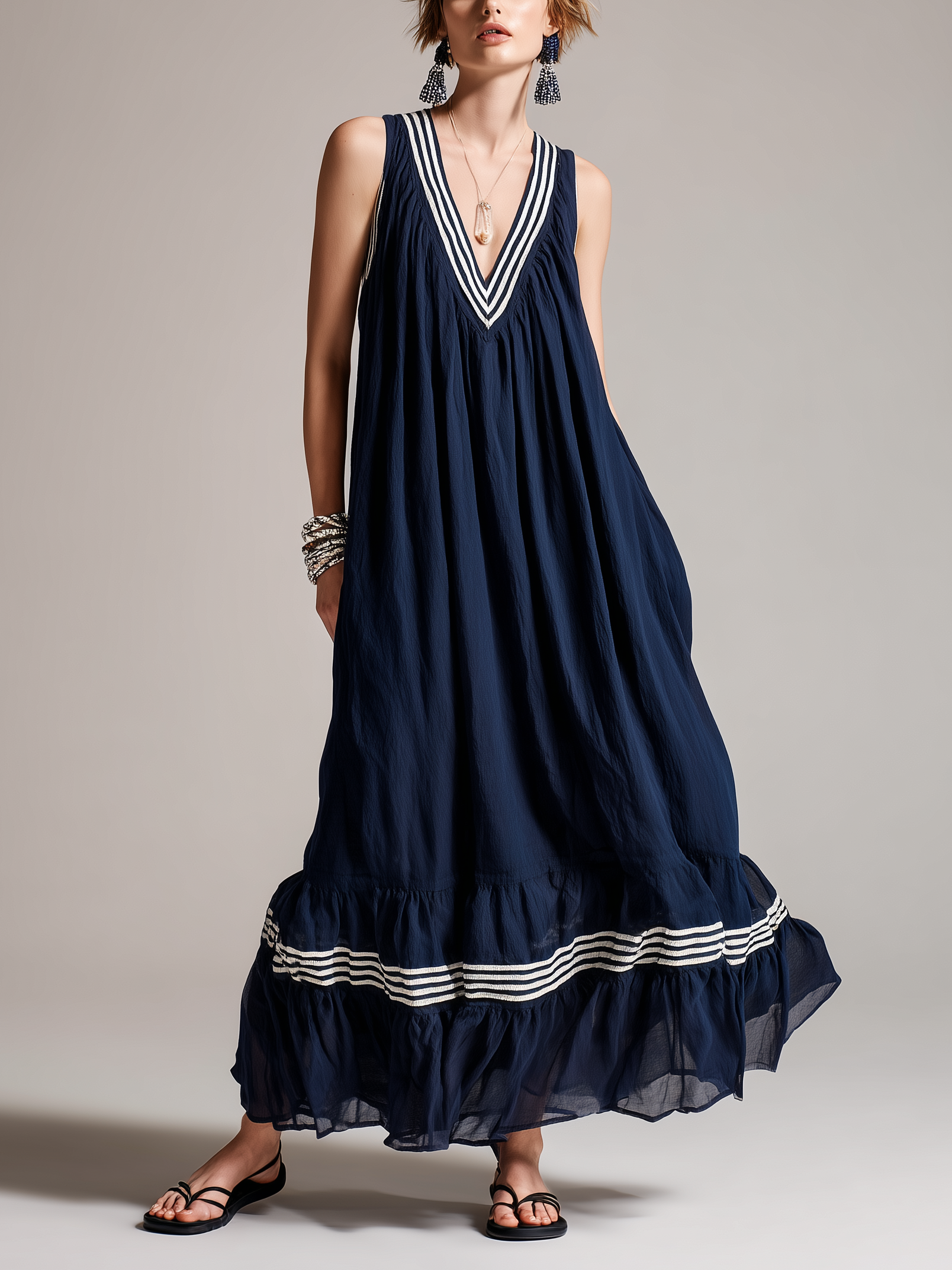 Women's Casual Navy Blue Cotton-Linen V-Neck Sleeveless Maxi Dress MDZ1681D7LXY