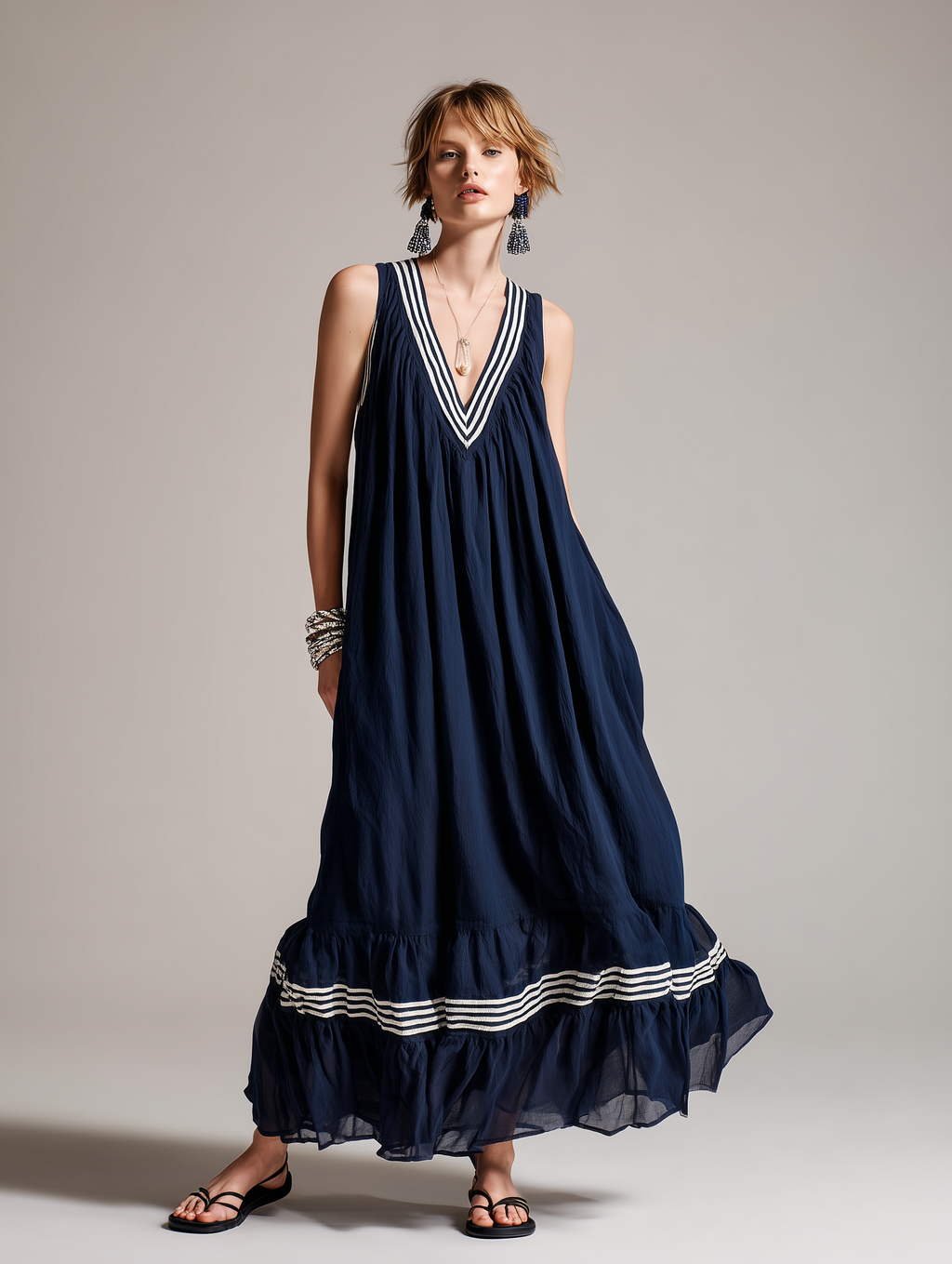 Women's Casual Navy Blue Cotton-Linen V-Neck Sleeveless Maxi Dress MDZ1681D7LXY