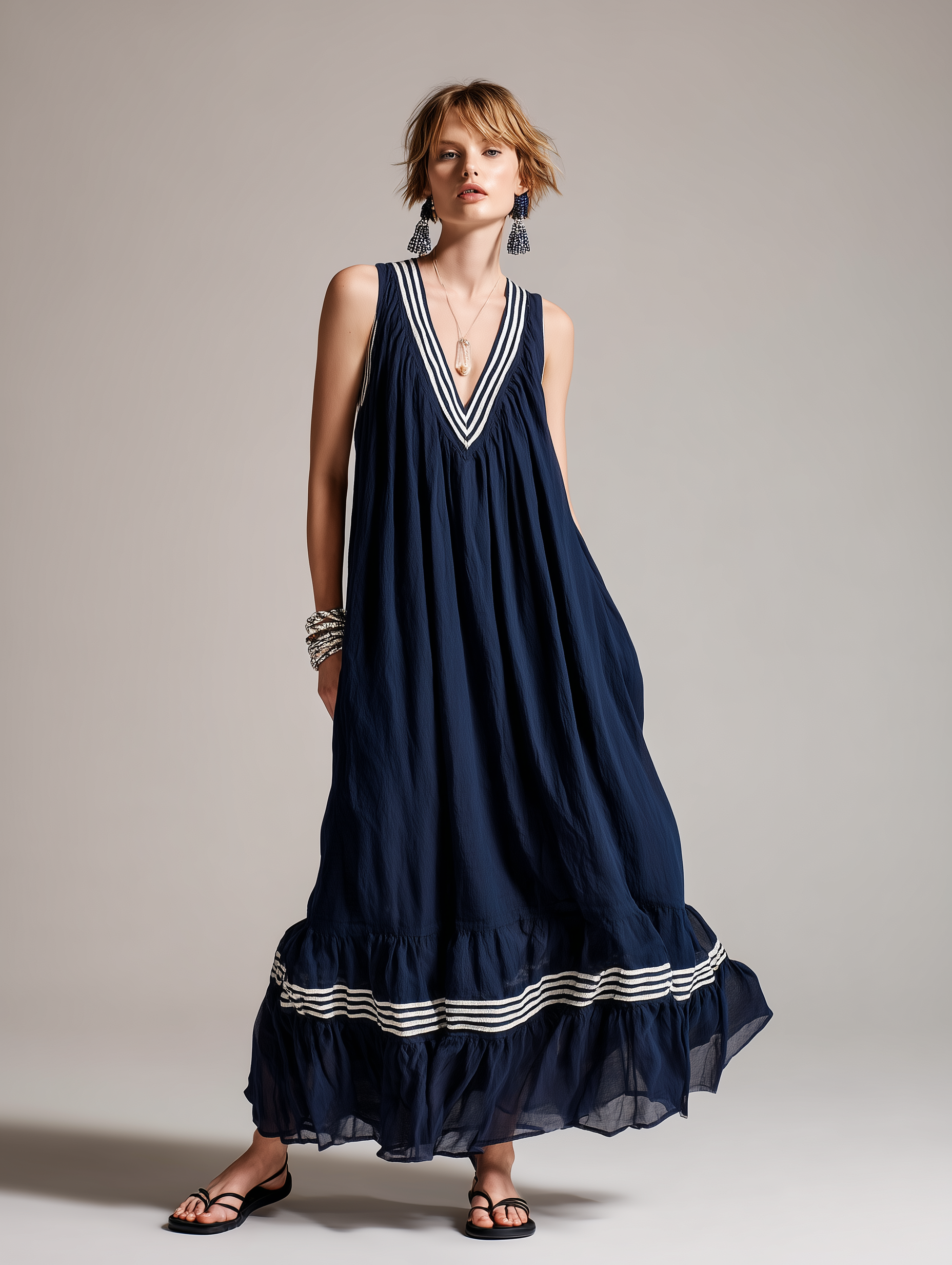 Women's Casual Navy Blue Cotton-Linen V-Neck Sleeveless Maxi Dress MDZ1681D7LXY