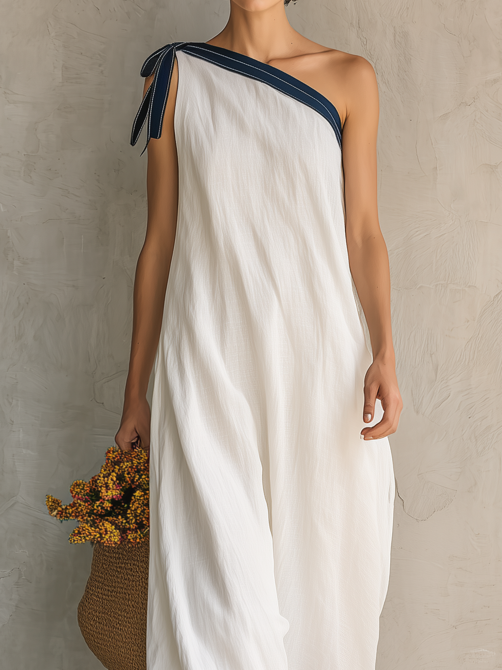 Women's Casual White Woven One-Shoulder Sleeveless Maxi Dress MDZ1614D4LXY