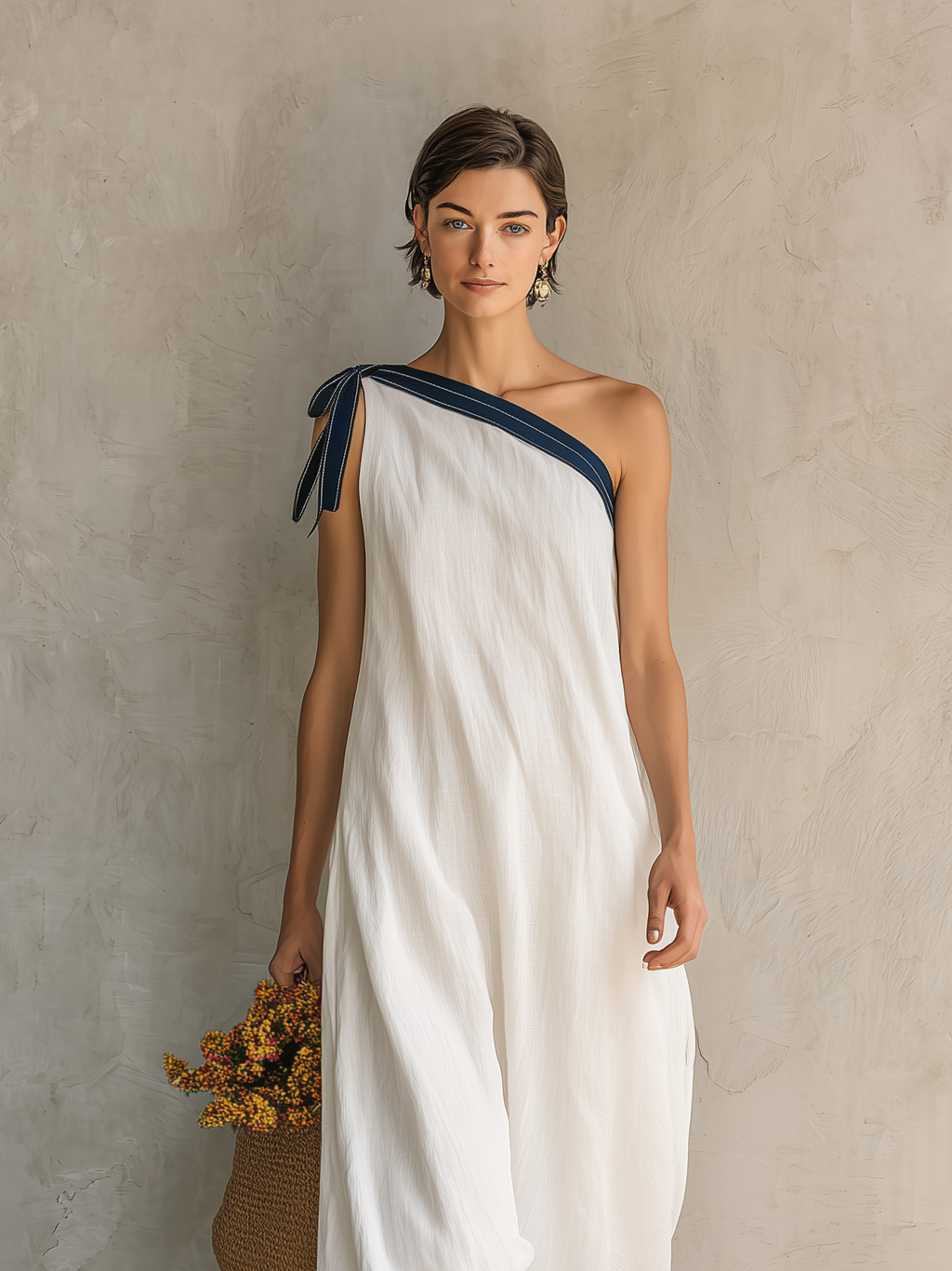 Women's Casual White Woven One-Shoulder Sleeveless Maxi Dress MDZ1614D4LXY