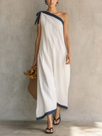 Women's Casual White Woven One-Shoulder Sleeveless Maxi Dress MDZ1614D4LXY